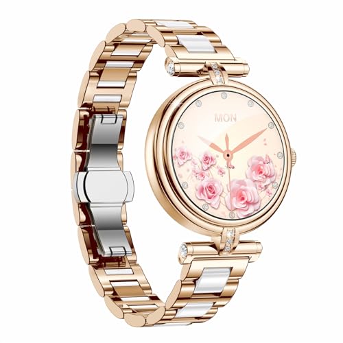 JUSUTEK 2025 新型 レディーススマートウォッチ通話機能付き,1.09インチ丸型可爱腕時計,ダイヤバンド,小さめ軽い, 女性機能,センサ機能付き,IP68防水,DIY文字盤,歩数計,電卓,リモコン撮影,音楽制御,アラーム,着信電話,Line通知,着信表示,iphone&コンパチブル対応,お贈り物,日本語説明書 (金鋼色)